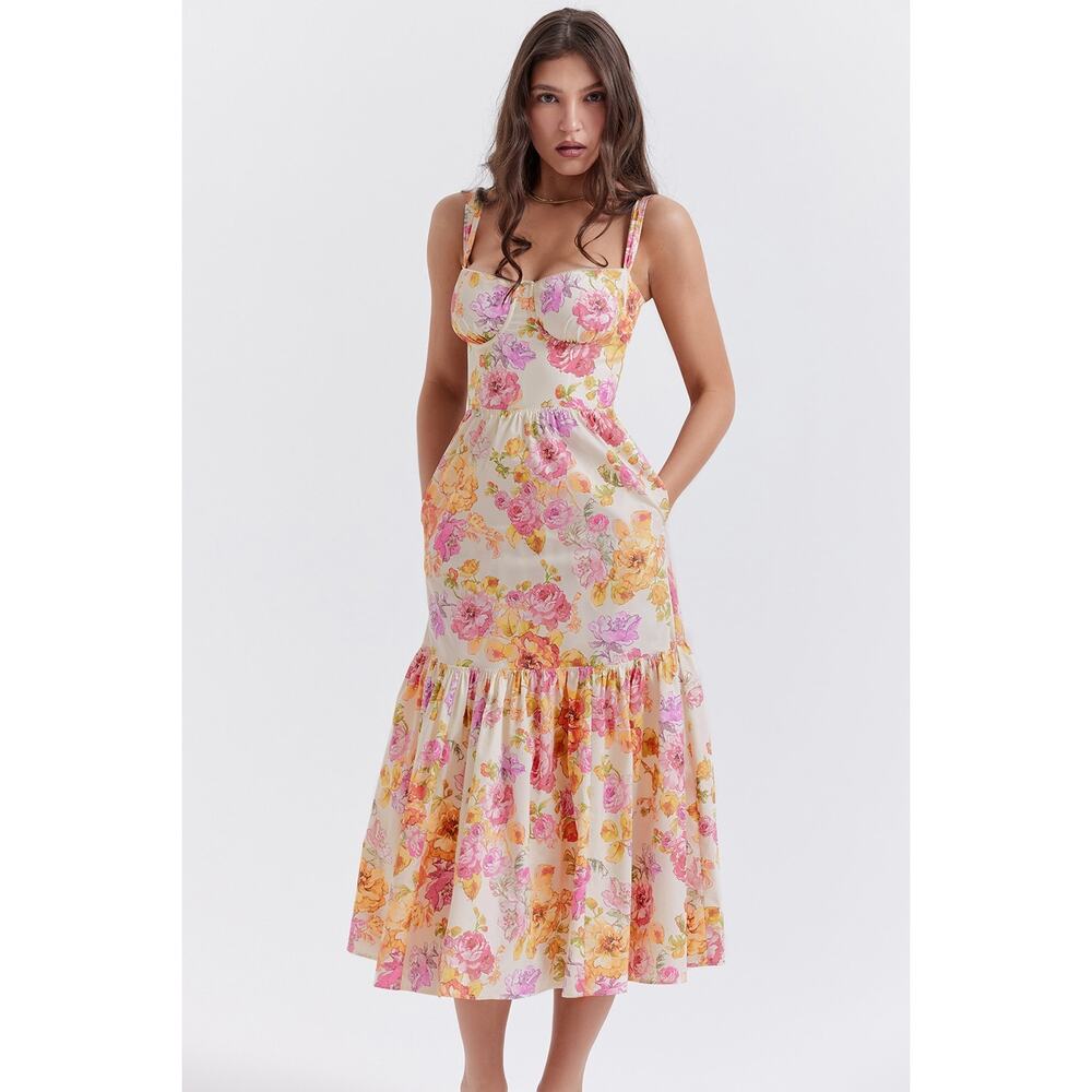 House of CB Pink and Yellow Floral Midi Dress